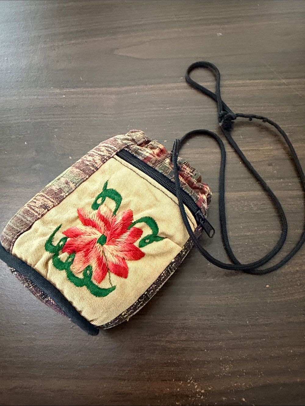 Vintage Boho Embroidered Floral Passport Pouch Crossbody Neck Bag purse